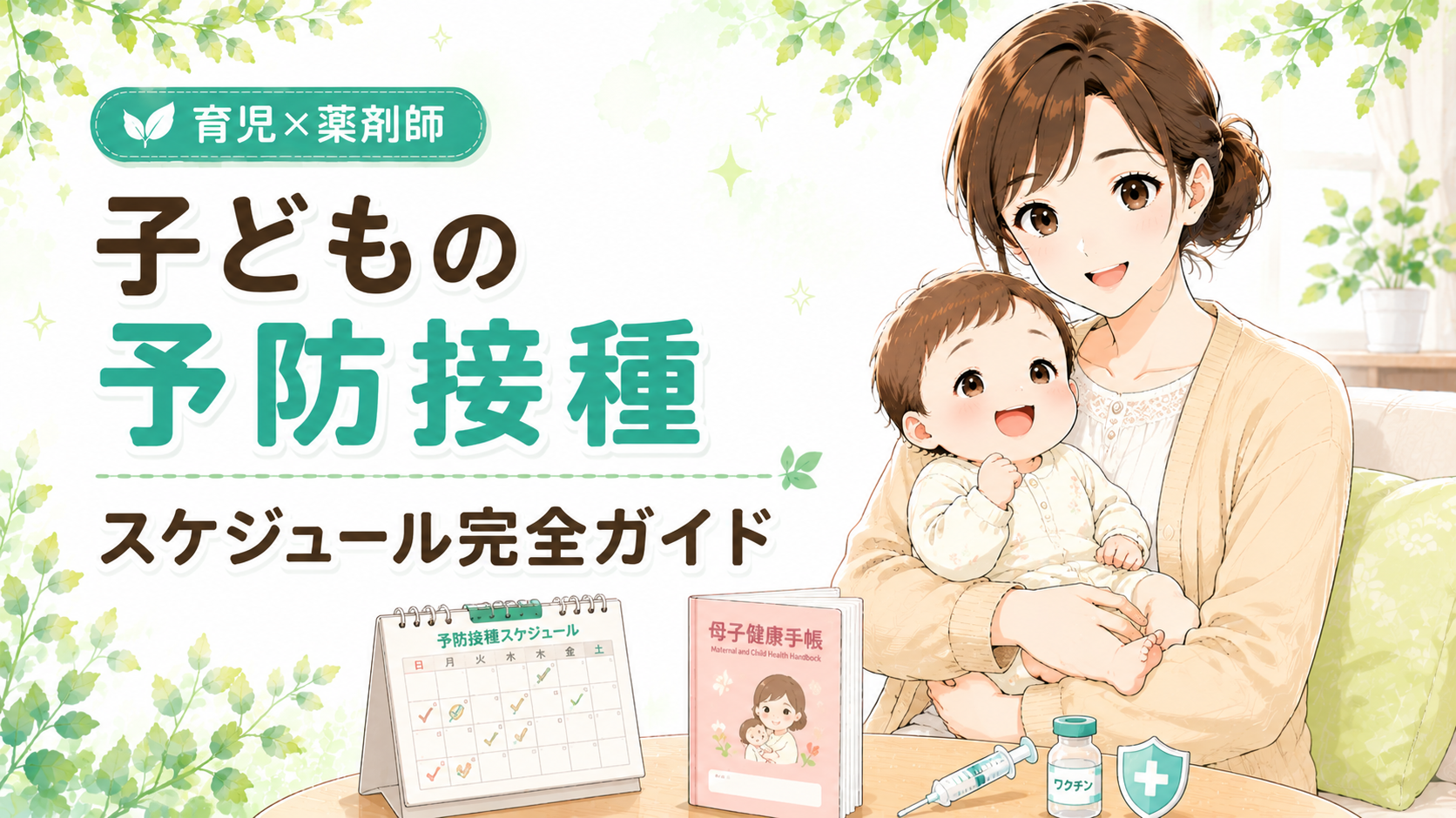 子どもの予防接種スケジュールを解説するイラスト 母子手帳とカレンダー