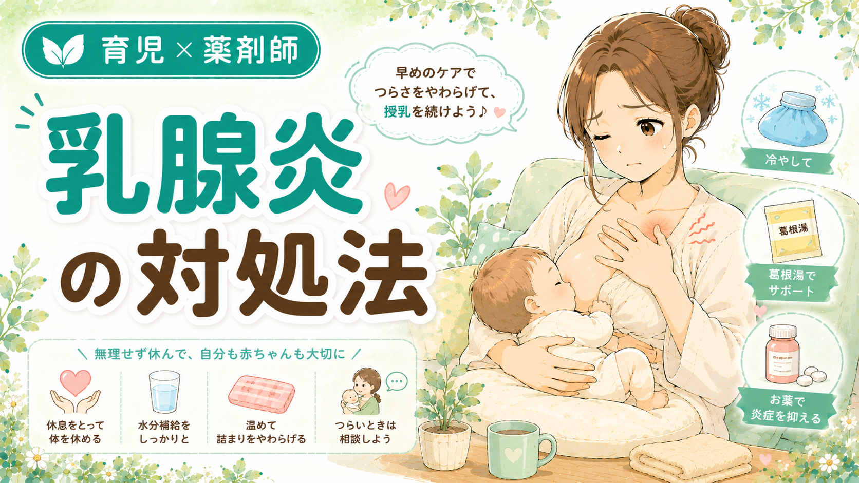 乳腺炎の対処法（飲ませる・冷やす・葛根湯・ロキソニン・抗生剤・受診目安）を薬剤師ママが解説｜授乳するママと保冷剤やお薬のイラスト